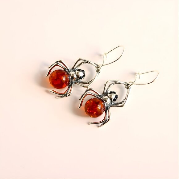 Baltic Amber Spider Earrings - 925 Sterling Silver - Picture 3 of 5